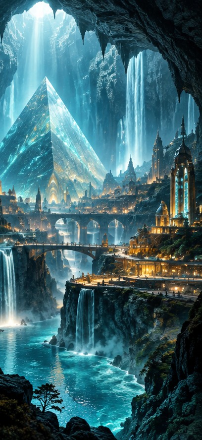 A luminous crystal pyramid rising above a hidden subterranean city and waterfalls