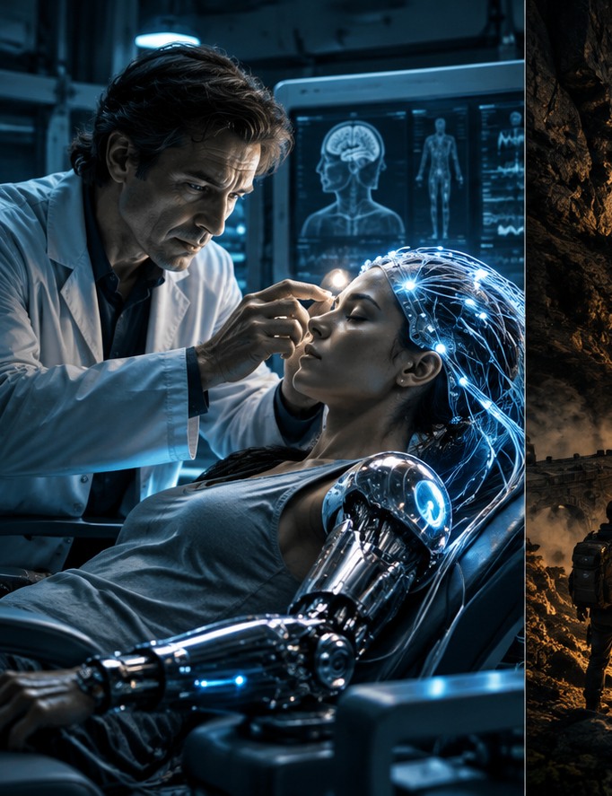 Cinematic scene of a patient receiving advanced neural and cybernetic treatment