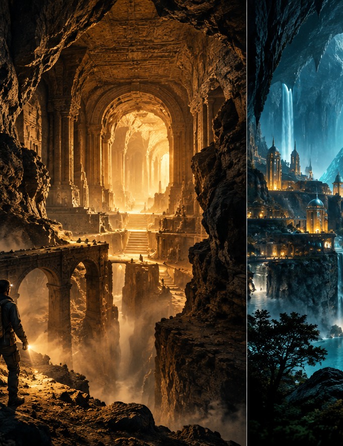 A lone explorer entering a vast golden-lit ancient underground passage